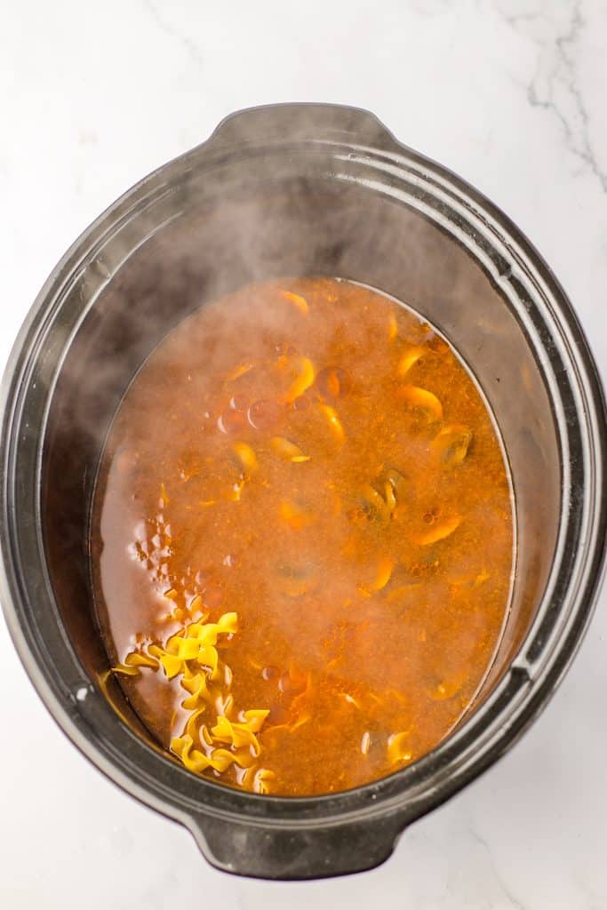 Slow Cooker Beef Stroganoff Soup in slow cooker