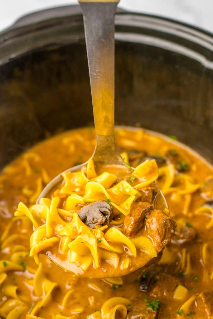 Slow Cooker Beef Stroganoff Soup in slow cooker