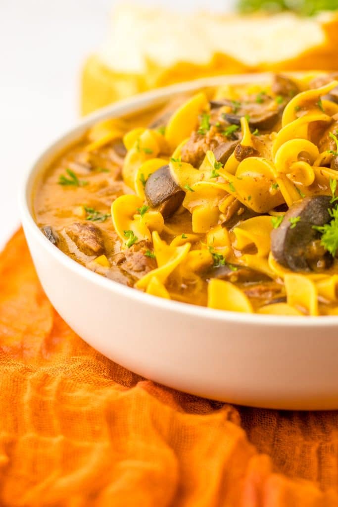 Slow Cooker Beef Stroganoff Soup in bowl