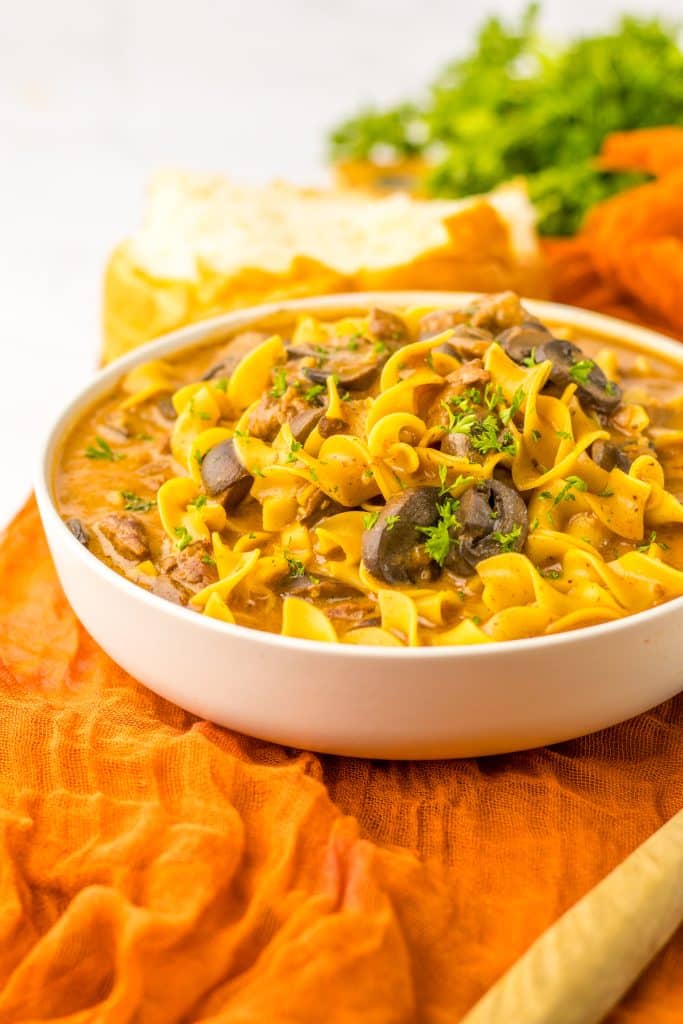 Slow Cooker Beef Stroganoff Soup in bowl