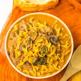 Slow Cooker Beef Stroganoff Soup in bowl