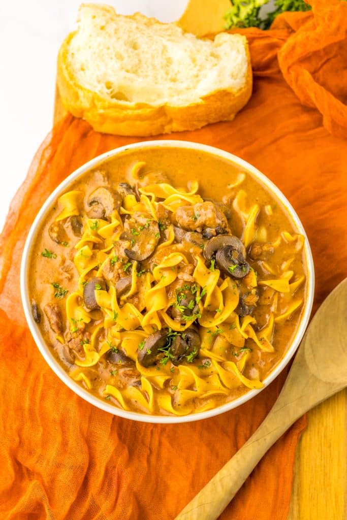 Slow Cooker Beef Stroganoff Soup in bowl