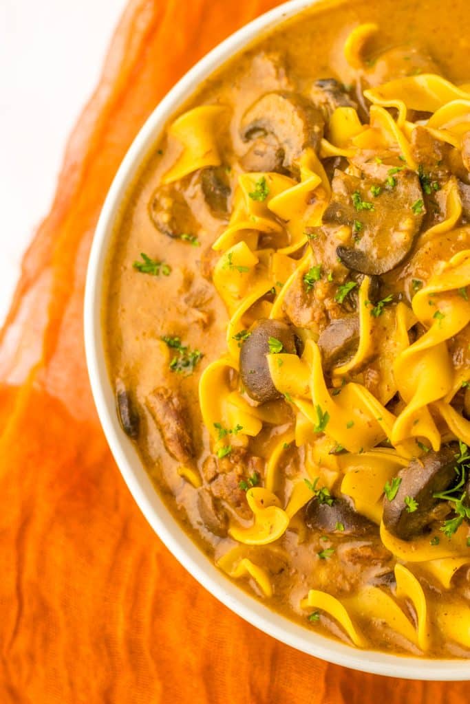 Slow Cooker Beef Stroganoff Soup in bowl