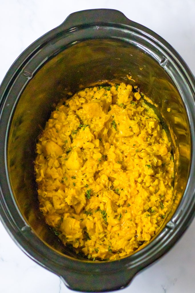Slow Cooker Cheesy Chicken Rice in slow cooker