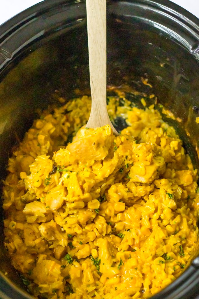 Slow Cooker Cheesy Chicken Rice in slow cooker