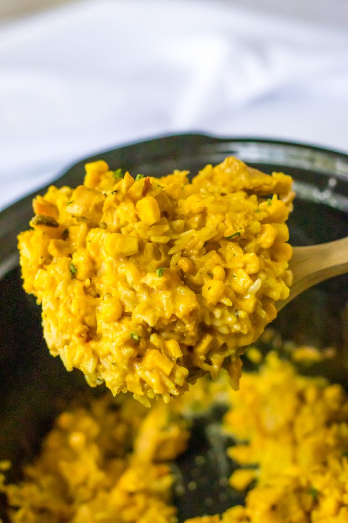 Slow Cooker Cheesy Chicken Rice in slow cooker