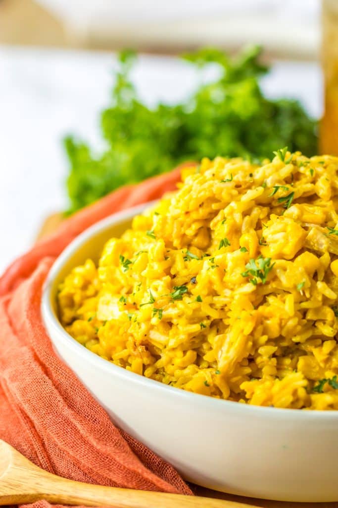 Slow Cooker Cheesy Chicken Rice in bowl