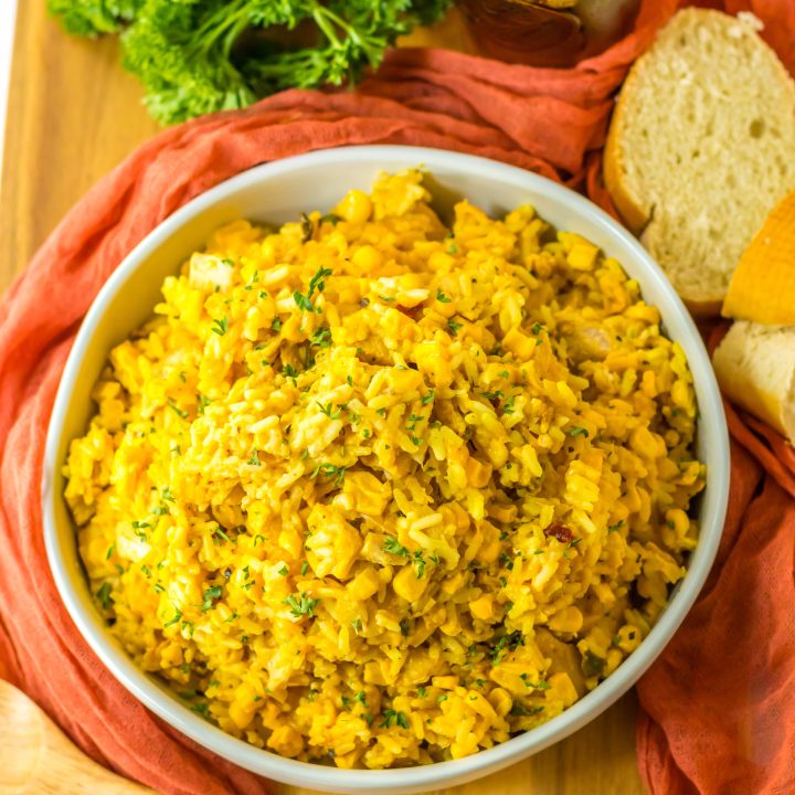 Slow Cooker Cheesy Chicken Rice plated