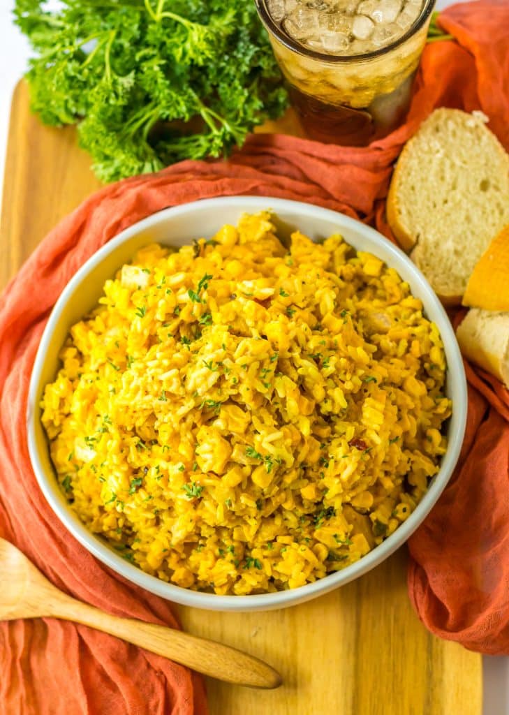 Slow Cooker Cheesy Chicken Rice plated