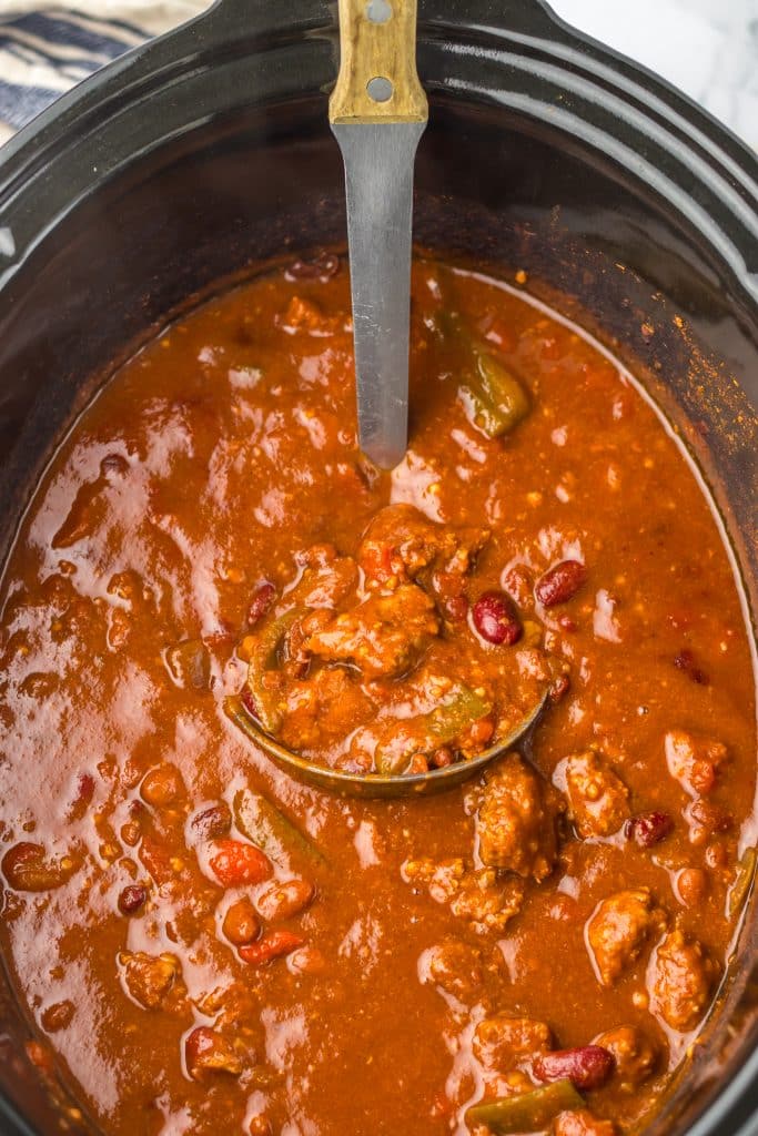 Slow Cooker Cube Steak Chili in slow cooker
