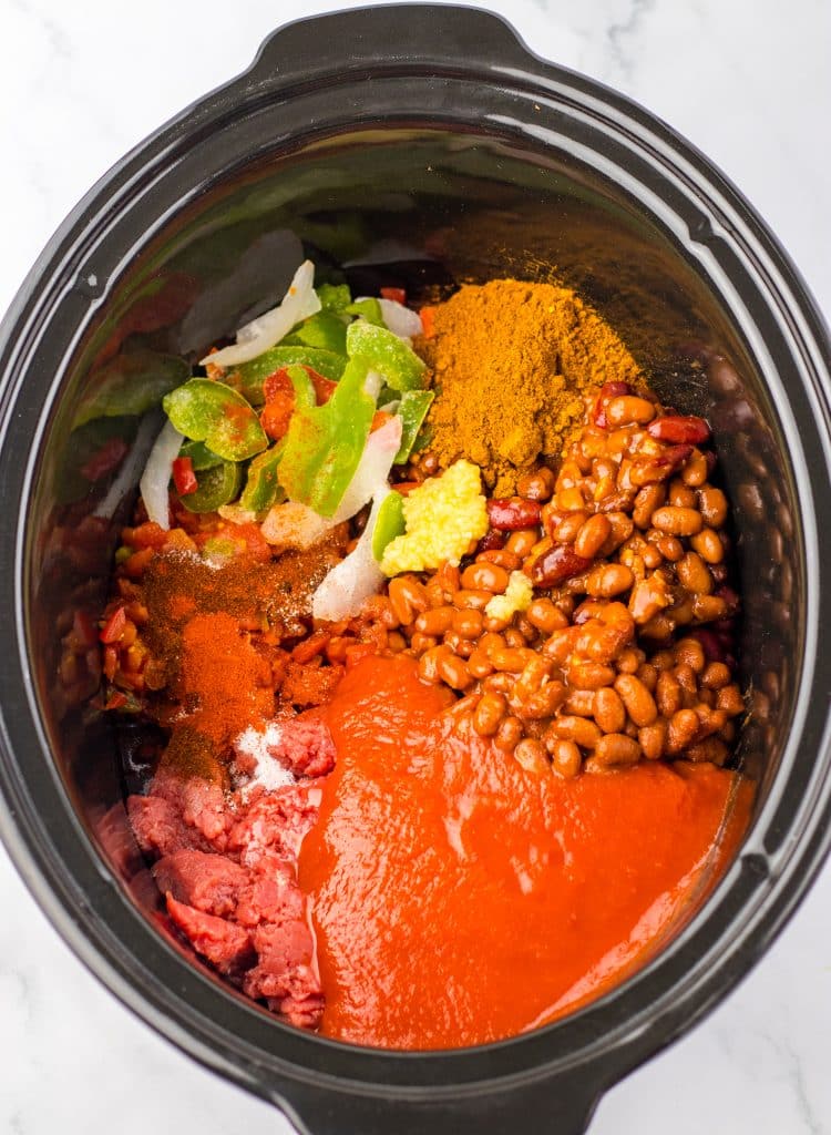 Slow Cooker Cube Steak Chili in slow cooker