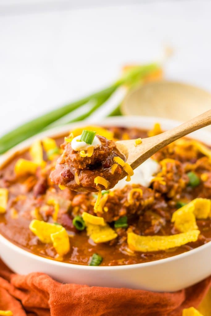 Slow Cooker Cube Steak Chili in spoon
