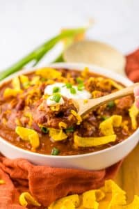 Slow Cooker Cube Steak Chili in spoon