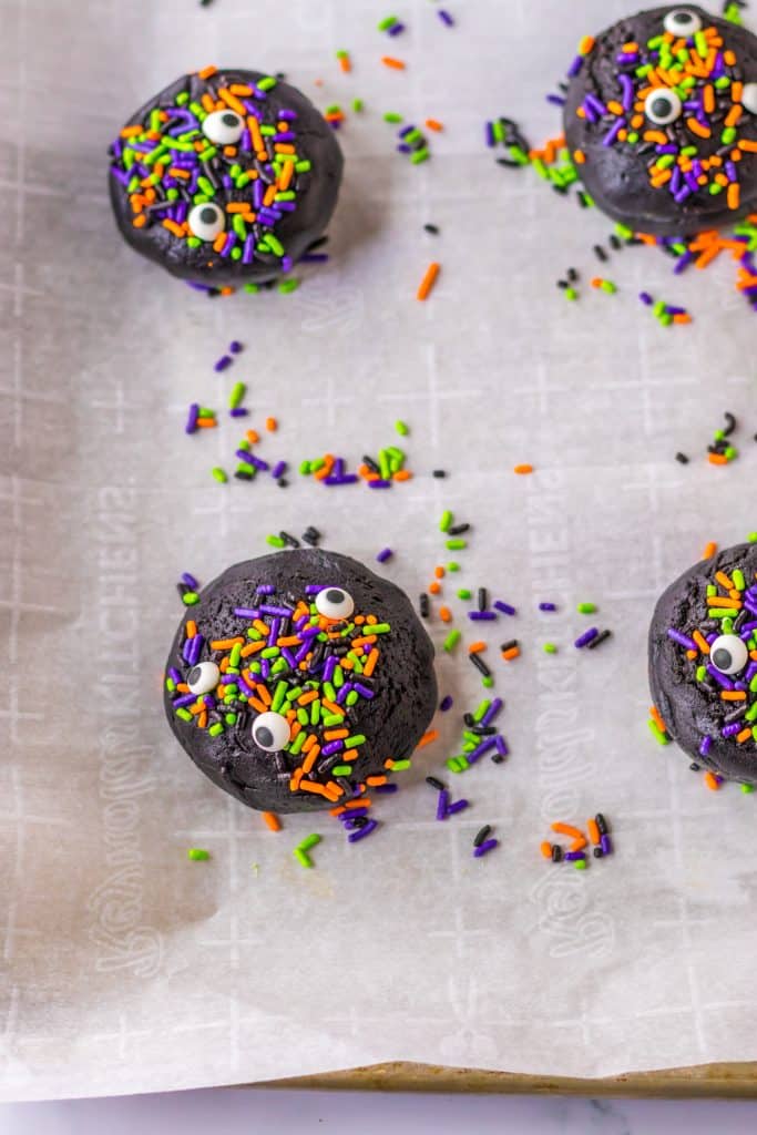 Stuffed Black Velvet Cookies on sheet pan