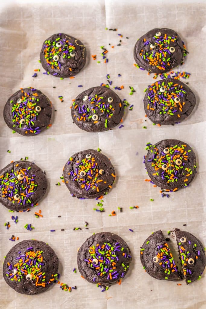 Stuffed Black Velvet Cookies baked on sheet