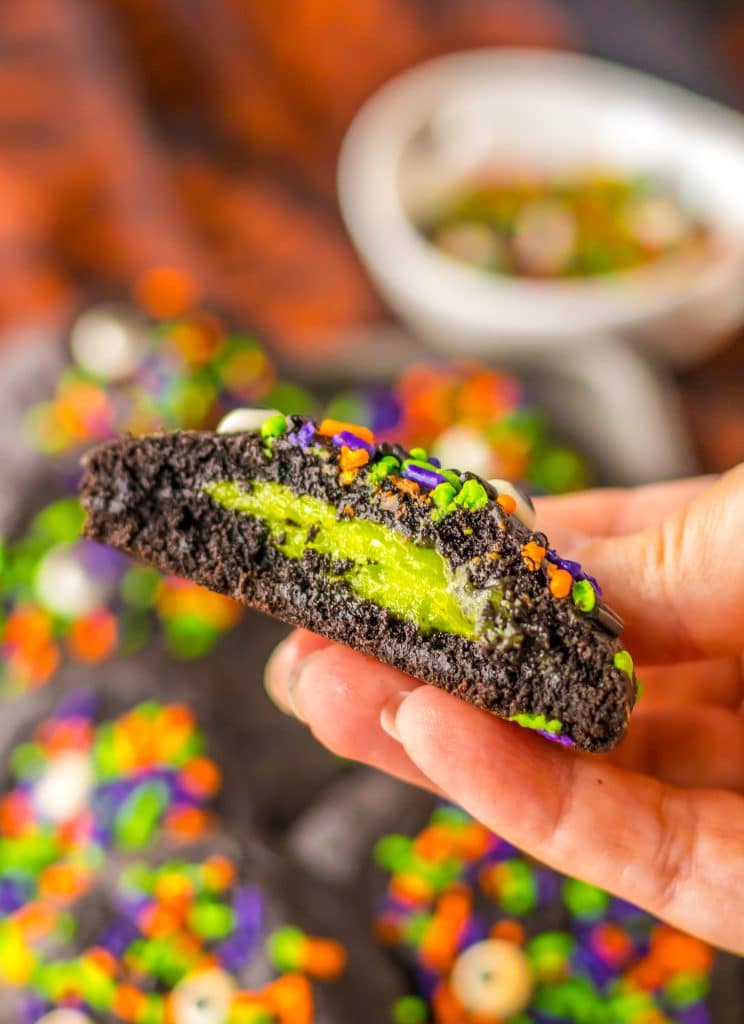 Stuffed Black Velvet Cookies in half