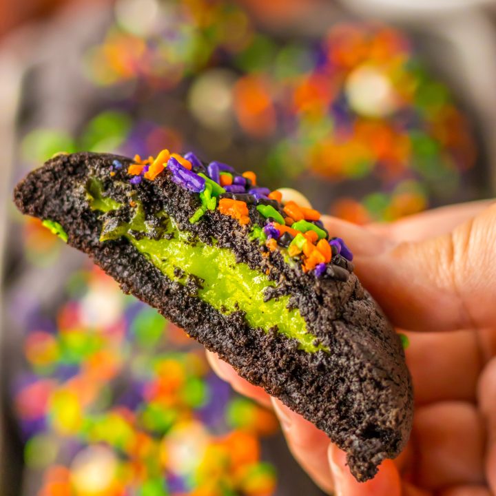 Stuffed Black Velvet Cookies in half