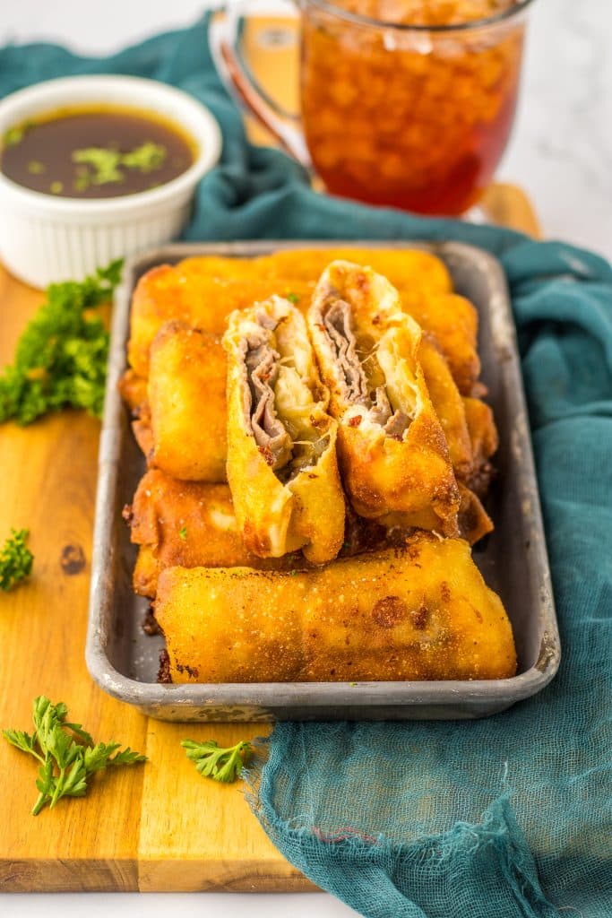 French Dip Egg Rolls plated