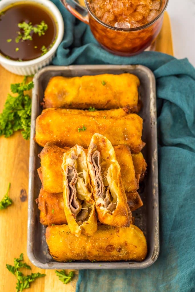 French Dip Egg Rolls plated