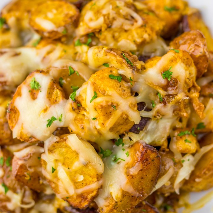 Garlic Parm Chicken & Potatoes in pan