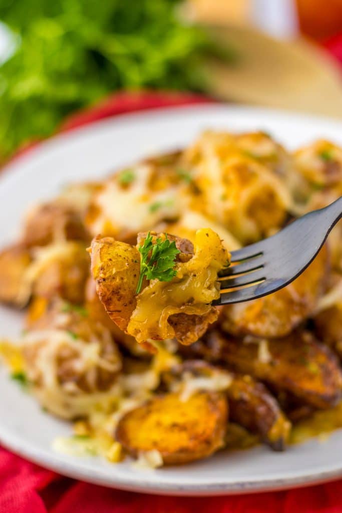 Garlic Parm Chicken & Potatoes on fork