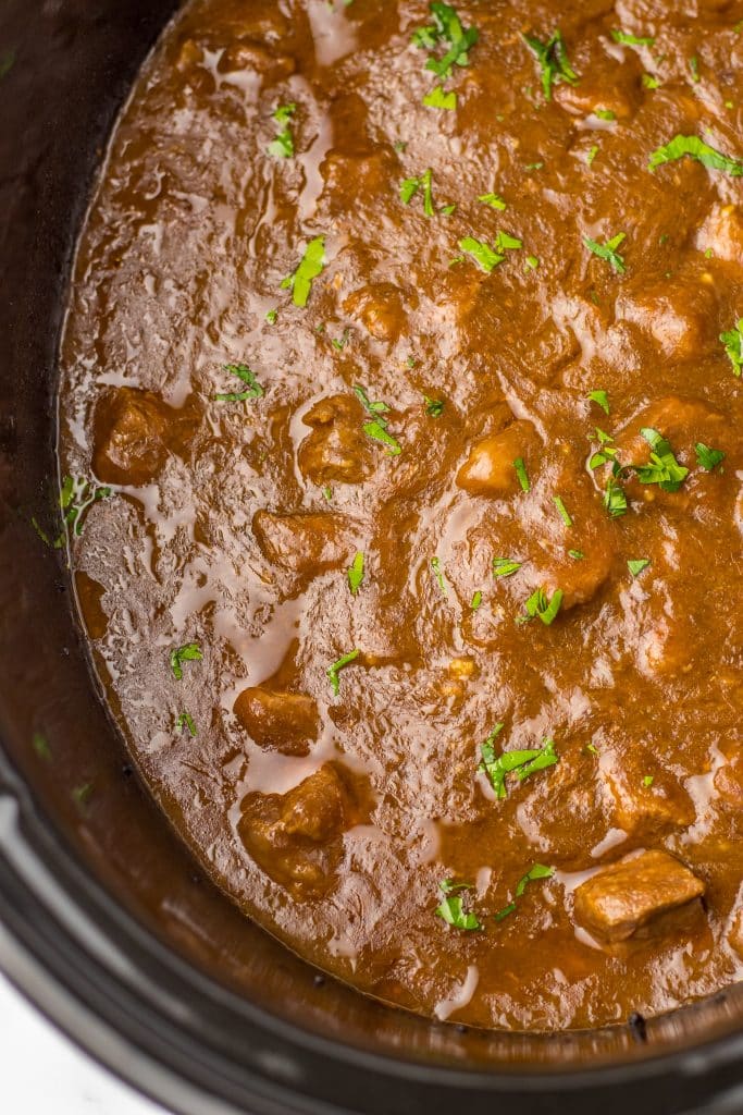 Slow Cooker Beef Tips and Gravy in slow cooker