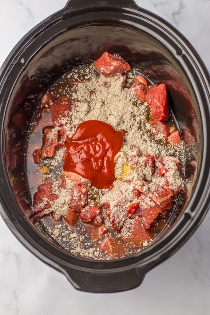 Slow Cooker Beef Tips and Gravy ingredients in slow cooker