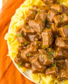 Slow Cooker Beef Tips and Gravy plated