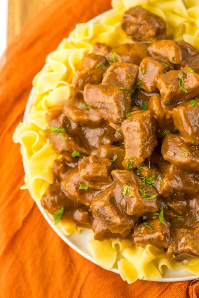 Slow Cooker Beef Tips and Gravy plated