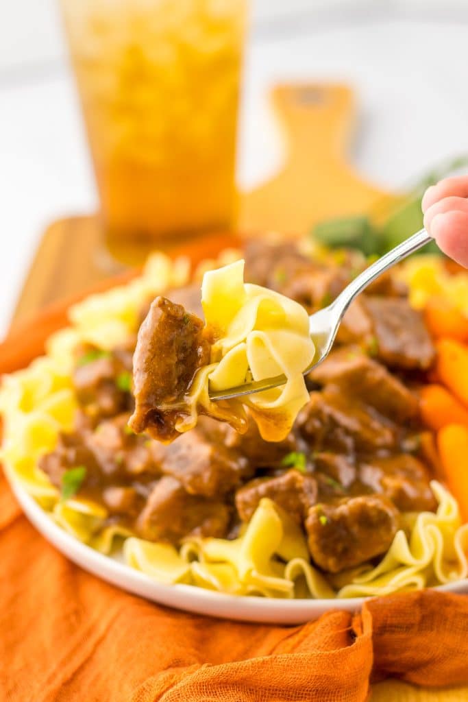 Slow Cooker Beef Tips and Gravy plated