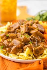 Slow Cooker Beef Tips and Gravy plated