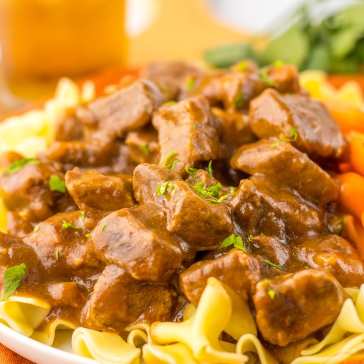 Slow Cooker Beef Tips and Gravy plated