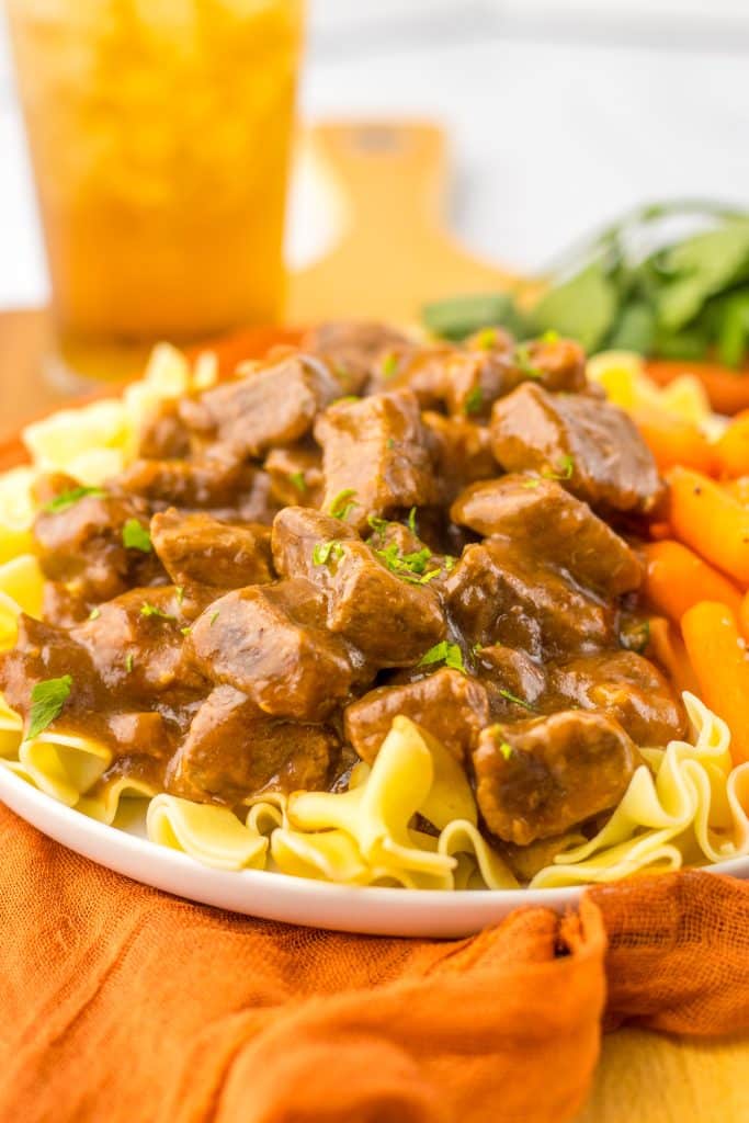 Slow Cooker Beef Tips and Gravy plated