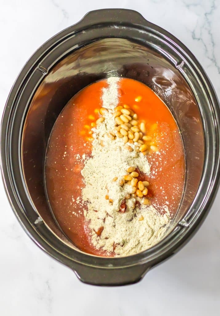 Slow Cooker Buffalo Chicken Chili ingredients in slow cooker