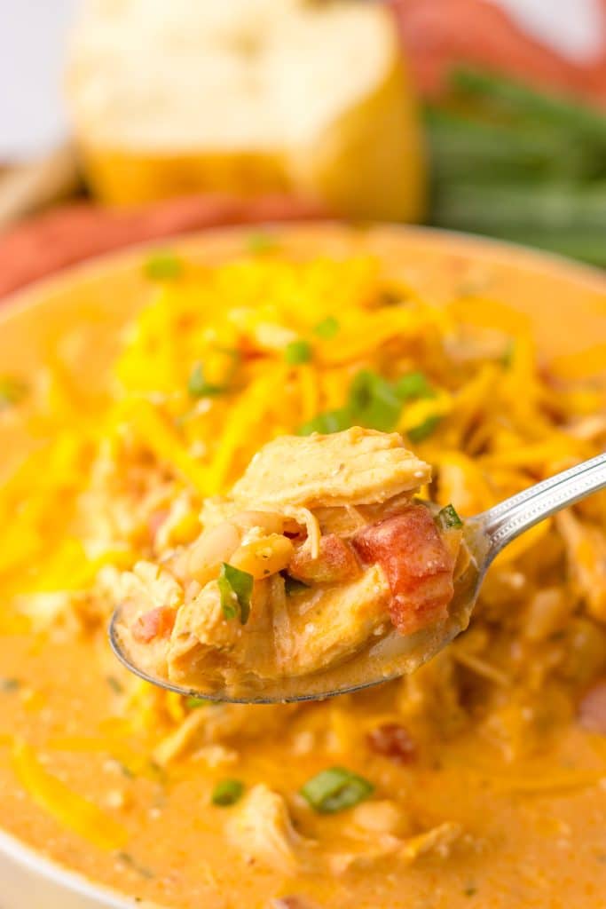 Slow Cooker Buffalo Chicken Chili in spoon