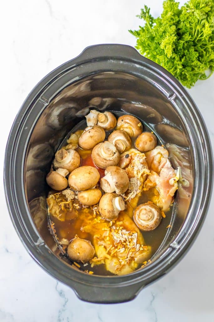 Slow Cooker Chicken Stroganoff ingredients in slow cooker