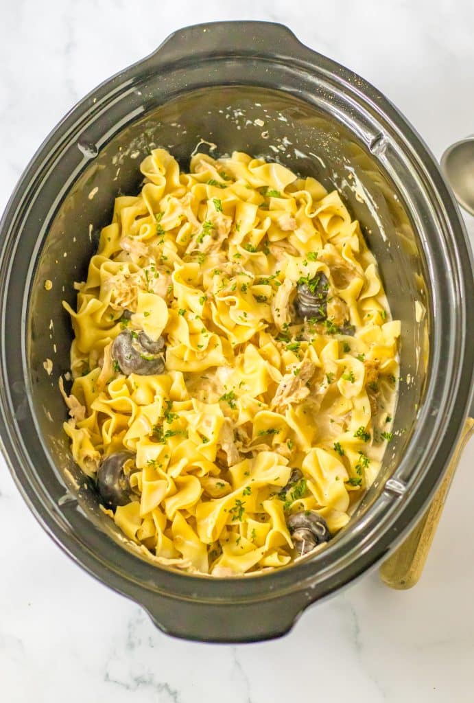 Slow Cooker Chicken Stroganoff in slow cooker