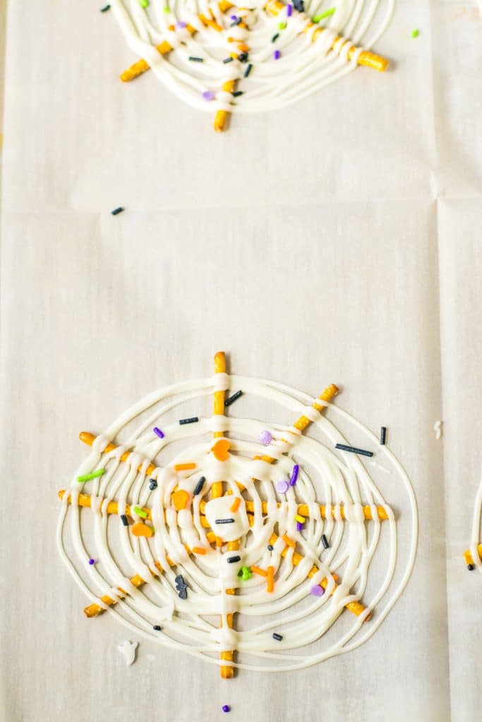 Spiderweb Pretzel Bark with sprinkles