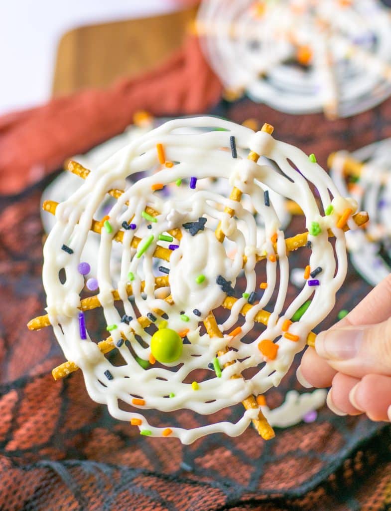Spiderweb Pretzel Bark in hand