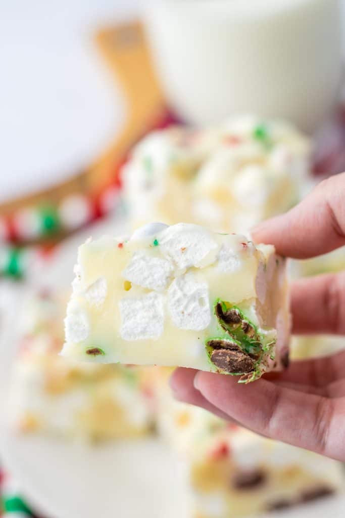 Christmas Rocky Road Candy in hand