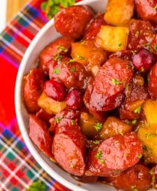 Slow Cooker Cranberry Pineapple Kielbasa Bites in bowl