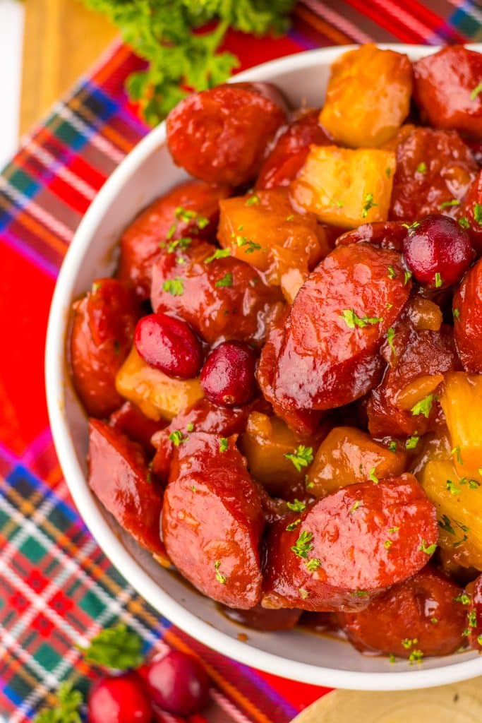 Slow Cooker Cranberry Pineapple Kielbasa Bites in bowl