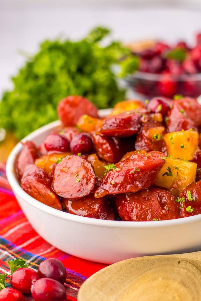Slow Cooker Cranberry Pineapple Kielbasa Bites in bowl