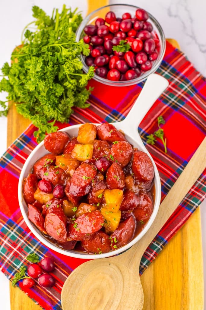 Slow Cooker Cranberry Pineapple Kielbasa Bites plated