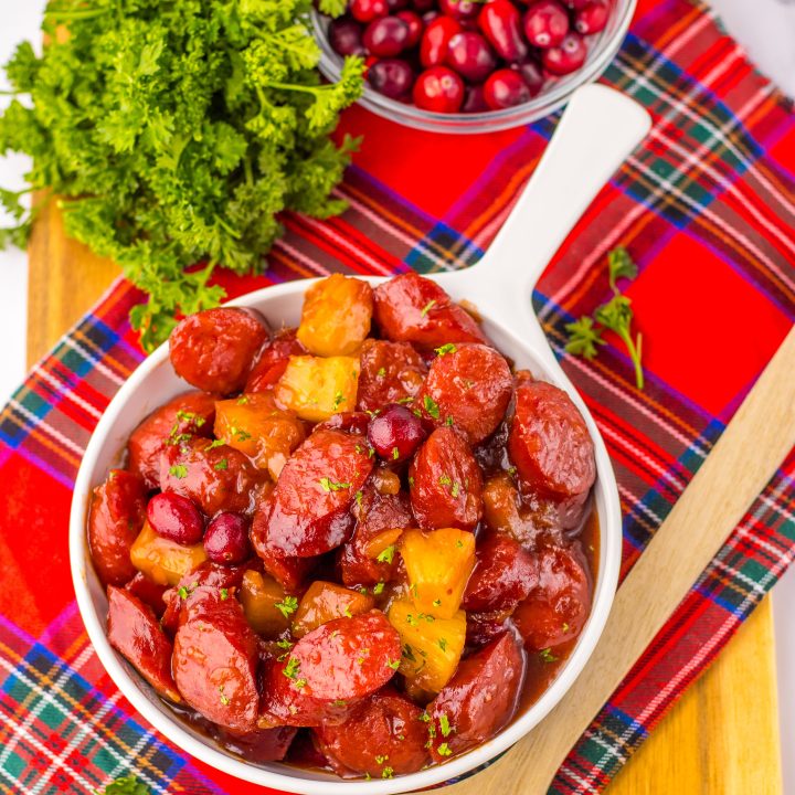 Slow Cooker Cranberry Pineapple Kielbasa Bites plated