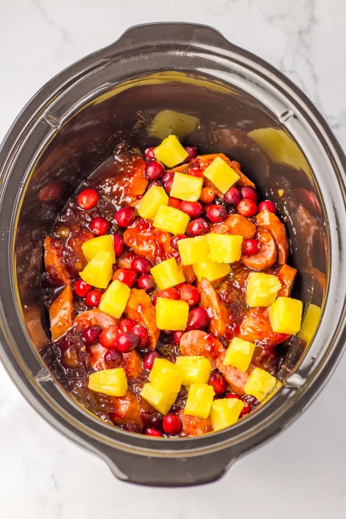 Slow Cooker Cranberry Pineapple Kielbasa Bites in slow cooker