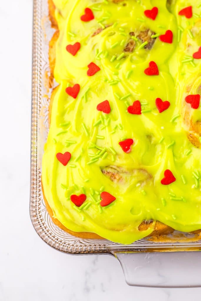 Grinch Cinnamon Rolls in pan