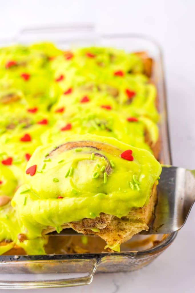 Grinch Cinnamon Rolls in pan
