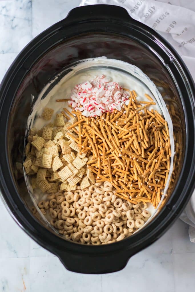 Peppermint Crockpot Candy ingredients in slow cooker