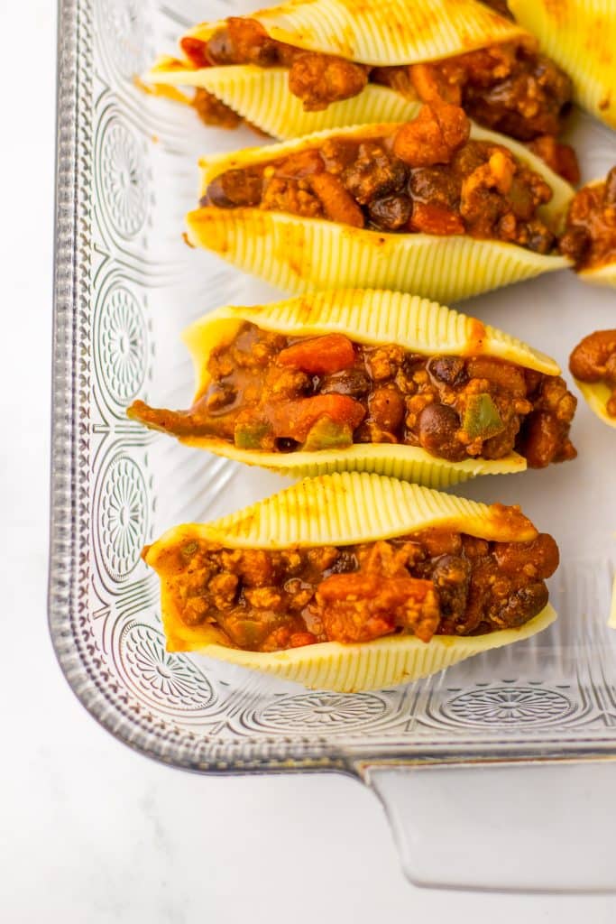 Chili Cheese Stuffed Shells in pan